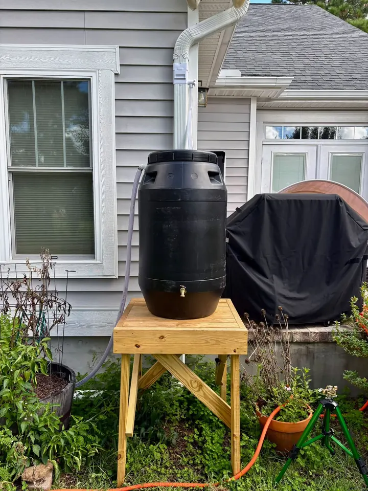 Black rain barrel raised on a wooden stand beside a house